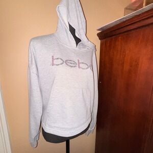 Bebe Sport Rhinestone Hoodie Women Large Grey Excellent Y2K Cropped Pullover